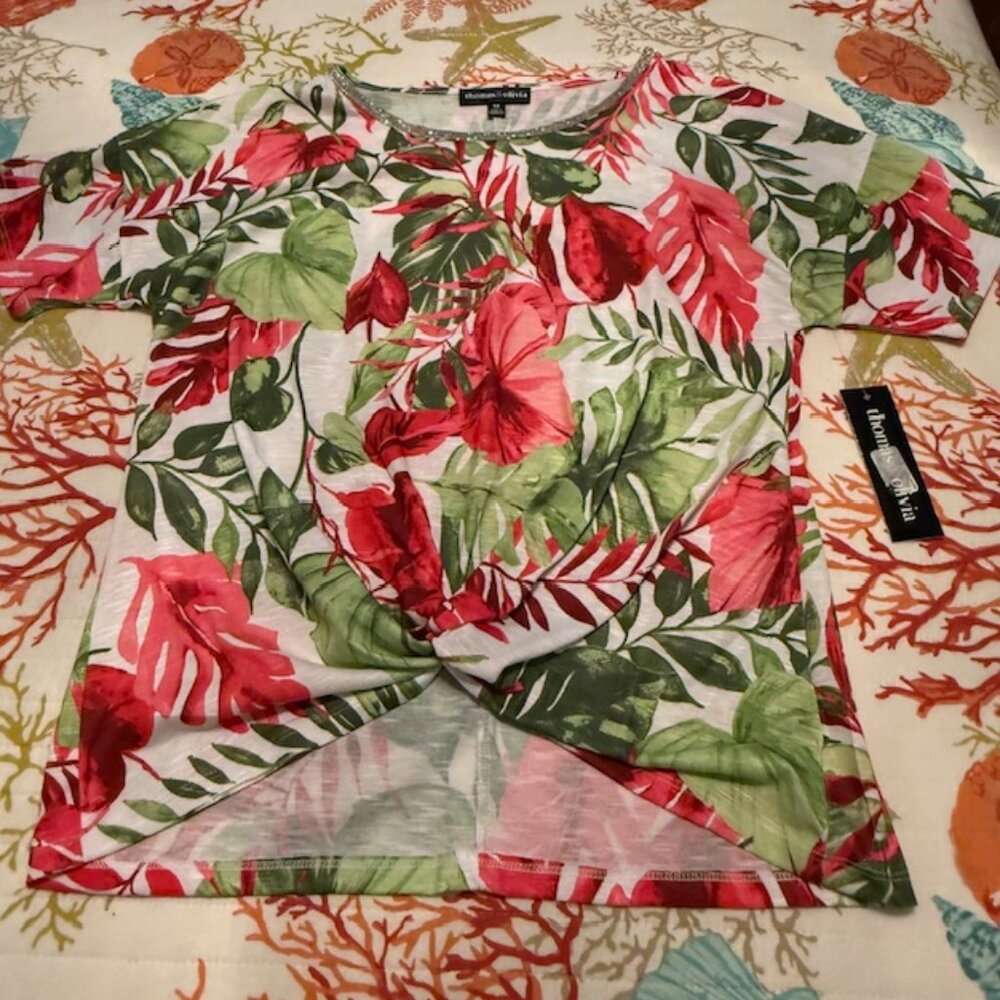 Thomas & Olivia - Tropical Floral Top W/ Rhinestone Collar - Size M